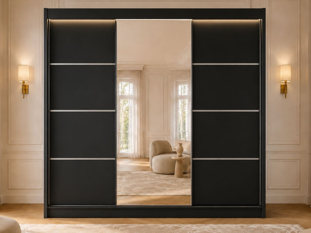 Schiebetürenschrank mit Spiegel 250 cm mit LED-Beleuchtung Portel Schwarz