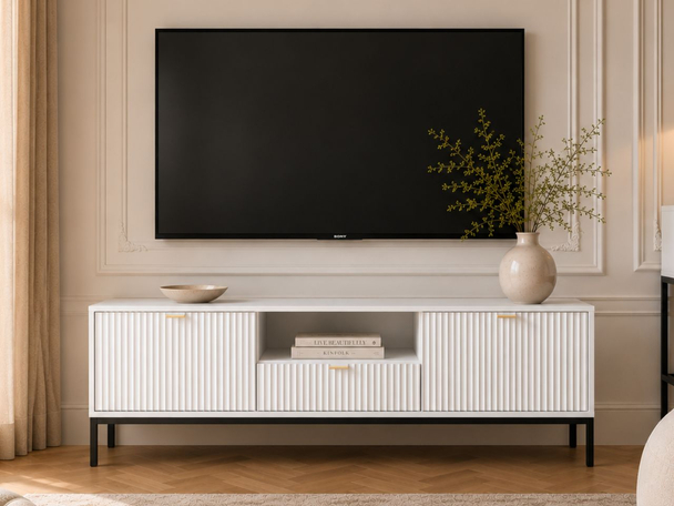 TV-Lowboard mit Schubladen und Türen Amber Weiß, Schwarz Frame