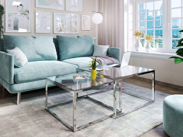 Couchtisch Asumi mit verchromtem Gestell und transparenter Glasplatte 35x41