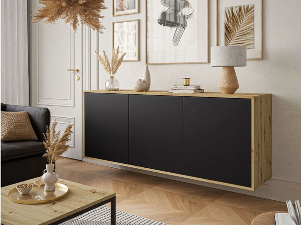 Dreitürige Hängekommode 154 cm im Loft-Stil – Vivance, Weiß matt & Eiche Artisan
