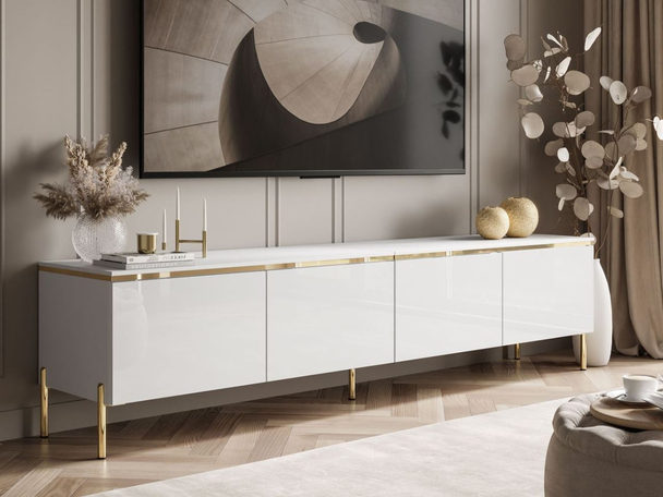 TV-Lowboard im Glamour-Stil mit LED-Beleuchtung Celle, Weiß Hochglanz