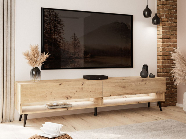 TV-Schrank 180 cm mit LED-Beleuchtung und schwarzen Beinen Aurelie Artisan Eiche
