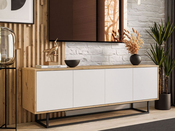 TV-Lowboard schwarzes Gestell Vivance Weiß und Eiche Artisan