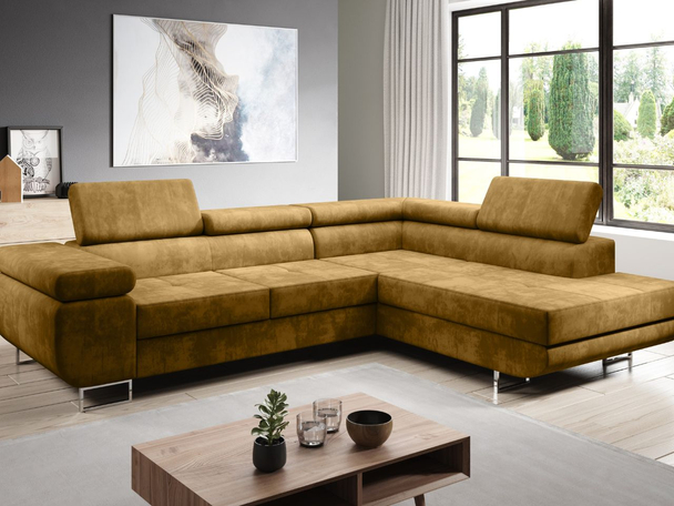 Ecksofa L-Form Rechts mit Schlaffunktion und Bettkasten Solam L Gelb