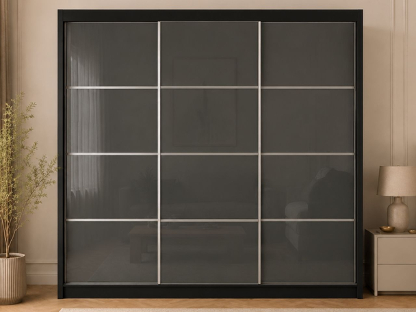 Schiebetürenschrank mit Sprossen 250 cm mit LED-Beleuchtung Ponti Schwarz, Grau