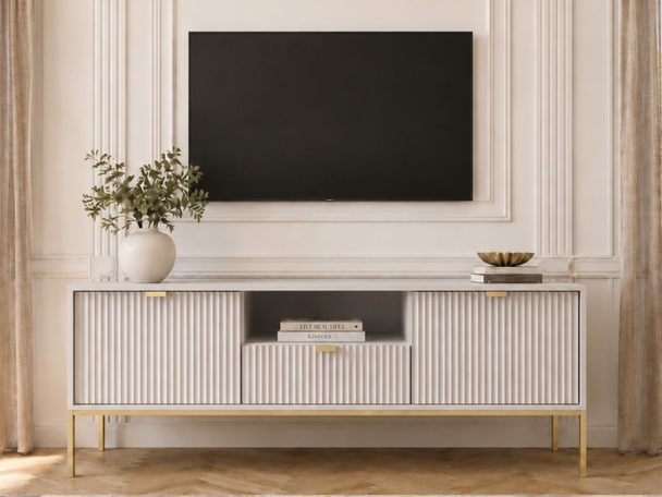 TV-Lowboard mit Schublade und Türen Amber Grau auf goldenen Beinen