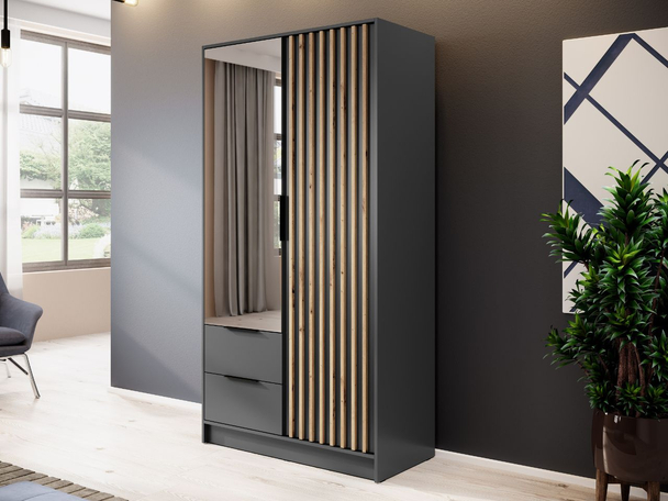Kleiderschrank mit Spiegel 105 cm Macron Graphit, Artisan Eiche
