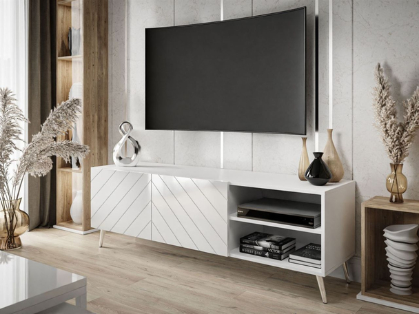 TV-Schrank mit gefrästen Fronten und verchromten Metallbeinen Vionel Weiß glänzend