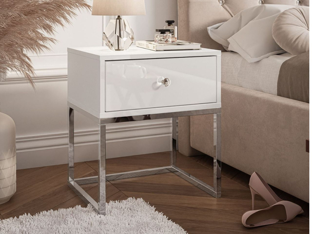 Nachttisch Glamour mit Schublade und silbernen Gestell Brisa Weiß Hochglanz