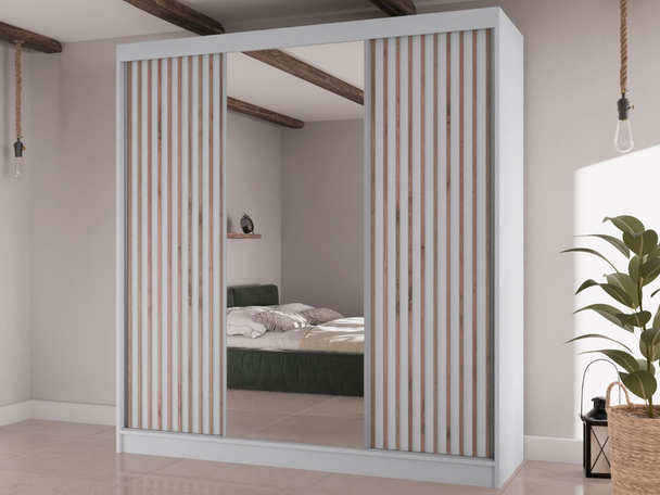 Schiebetürenschrank mit Lamellen und Spiegel 200 cm Lucena Weiß
