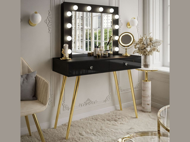 Schminktisch glamour mit Schubladen, Spiegel und LED-Beleuchtung Olivine Schwarz Hochglanz