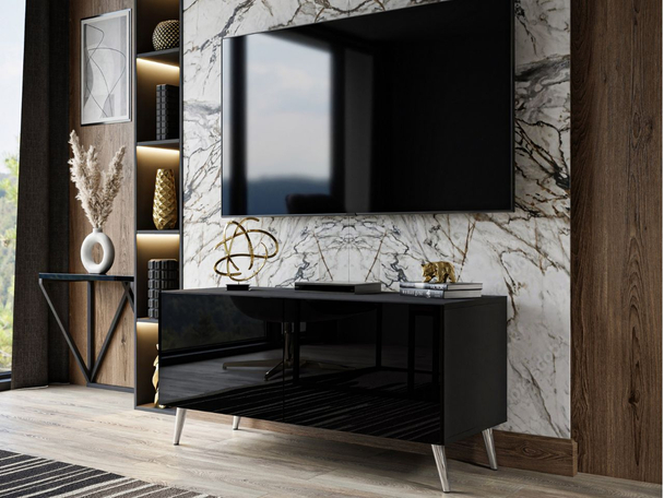TV-Lowboard mit Türen und LED-Beleuchtung auf Silbernen Metallbeinen 100 cm Noaé Schwarz Hochglanz