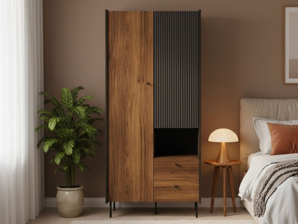 Kleiderschrank mit Schubladen 88 cm Pascale Nussbaum Warmia, Schwarz