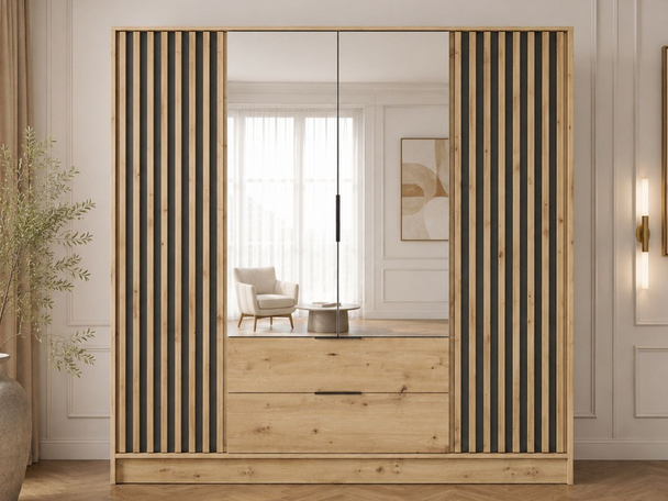Kleiderschrank mit Spiegel 206 cm Macron Artisan Eiche, Schwarz