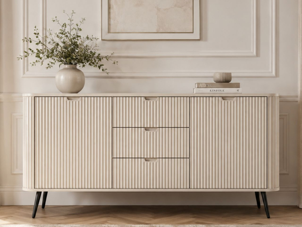 Kommode mit Türen und Schubladen Viva Beige auf Schwarzen Beinen