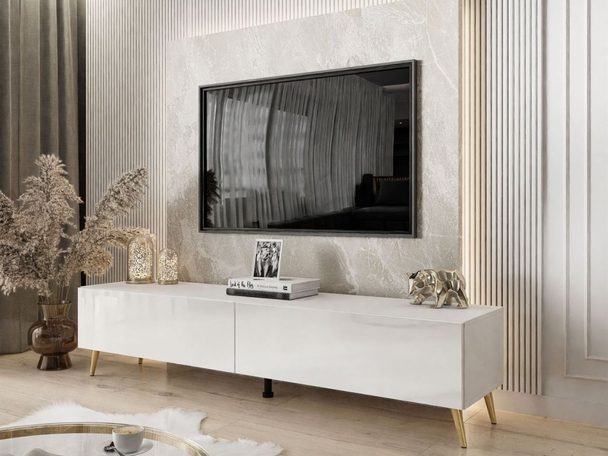 TV-Lowboard mit Türen auf Goldenen Metallbeinen 175 cm mit LED-Beleuchtung Sorelle Weiß Hochglanz