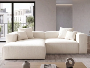 Designer Ecksofa L-Form mit Ottomane links Vellaro aus Bouclé-Stoff Creme