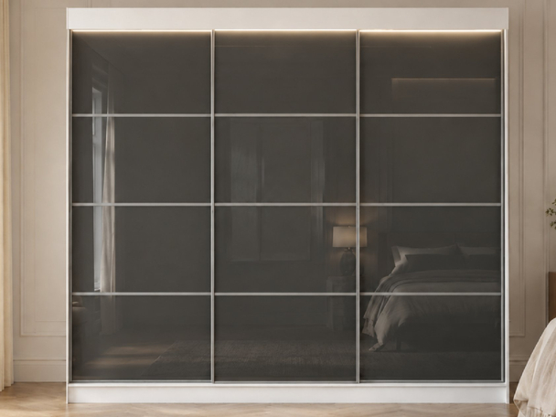 Schiebetürenschrank mit Sprossen 250 cm mit LED-Beleuchtung Ponti Weiß, Grau