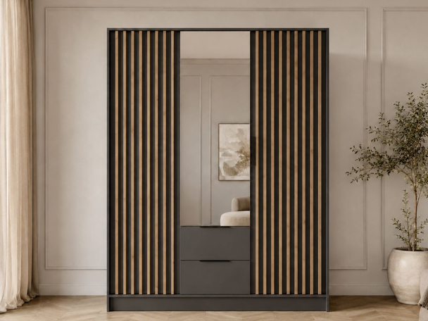 Kleiderschrank mit Spiegel 155 cm Macron Graphit, Artisan Eiche