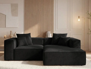 Designer Ecksofa L-Form mit Ottomane rechts Vellaro aus Samtstoff Schwarz