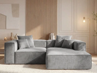 Designer Ecksofa L-Form mit Ottomane rechts Vellaro aus Samtstoff Grau
