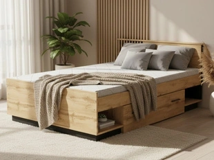 Doppelbett 120x200 mit Schublade Lavore Wotan Eiche, Schwarz matt