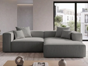 Designer Ecksofa L-Form mit Ottomane rechts Vellaro aus Bouclé-Stoff Dunkelgrau