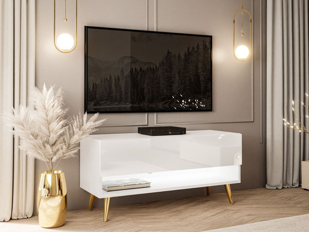 TV-Schrank 90 cm mit LED-Beleuchtung und goldenen Beinen Aurelie Weiß Hochglanz