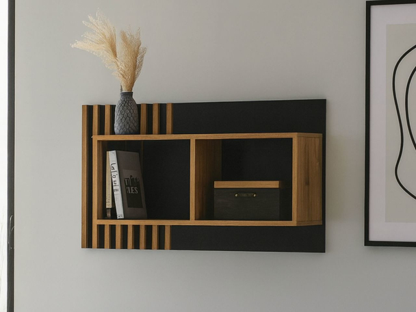Wandregal 90 cm mit Latten für das Wohnzimmer Lavore Wotan Eiche, Schwarz matt