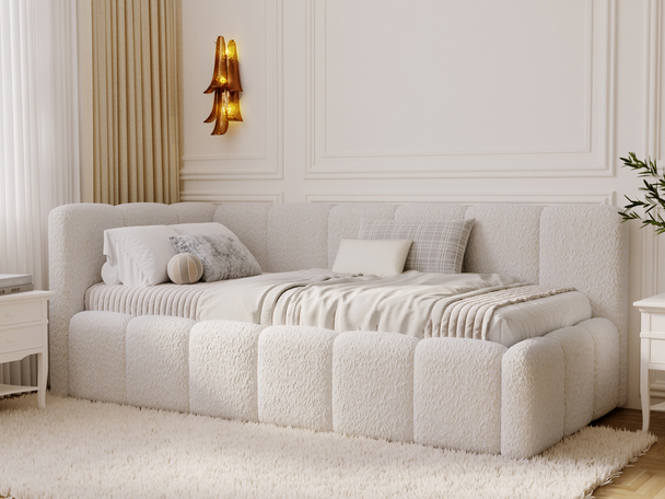 Jugendbett Einzelbett mit Bettkasten und Lattenrost 90x200 Cloud One Beige Bouclé-Stoff