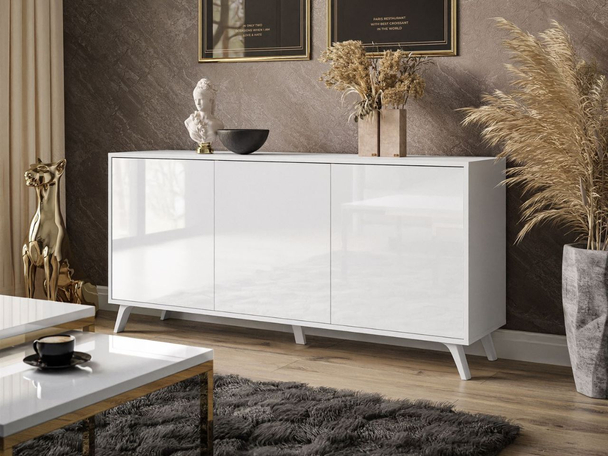 Dreitürige Kommode 154 cm Glamour-Stil auf weißfarbenen Beinen Vivance Weißglanz