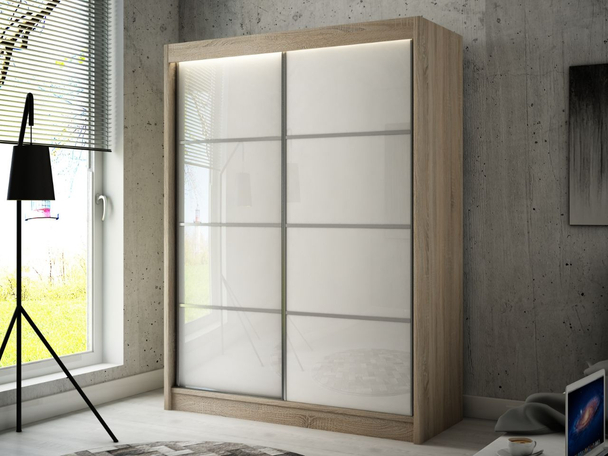 Schiebetürenschrank mit Sprossen 150 cm mit LED-Beleuchtung Ponti Eiche Sonoma, Weiß