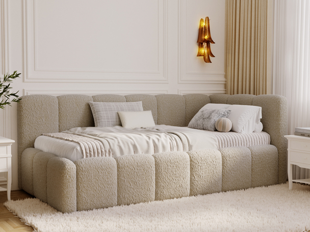 Jugendbett Einzelbett mit Bettkasten und Lattenrost 90x200 Cloud One Dunkelbeige Bouclé-Stoff