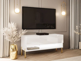 TV-Schrank 90 cm mit LED-Beleuchtung und goldenen Metallbeinen Aurelie Weiß Hochglanz