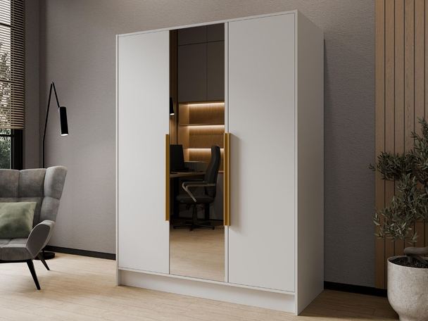 Kleiderschrank mit Spiegel 150 cm Lucca Weiß mit goldenen Griffen