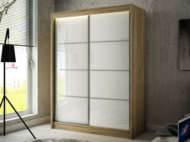 Schiebetürenschrank mit Sprossen 150 cm mit LED-Beleuchtung Ponti  Handwerk Goldene Eiche, Weiß