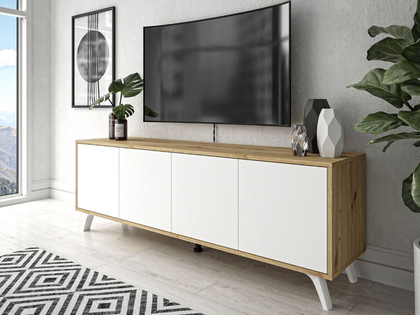 TV-Lowboard mit Türen und weißen Beinen Vivance Weiß & Eiche Artisan