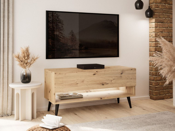 TV-Schrank 90 cm mit LED-Beleuchtung und schwarzen Beinen Aurelie Artisan Eiche
