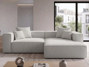 Designer Ecksofa L-Form mit Ottomane rechts Vellaro aus Bouclé-Stoff Grau