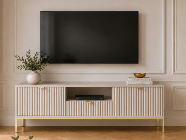TV-Lowboard mit Schublade und Türen Amber Kaschmir auf goldenen Beinen