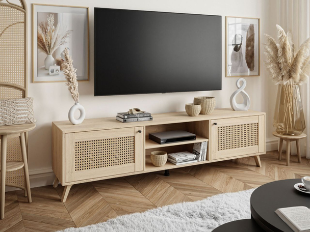 TV-Lowboard Boho mit zwei Türen und Front in Flechtoptik Bellance Eiche Puccini