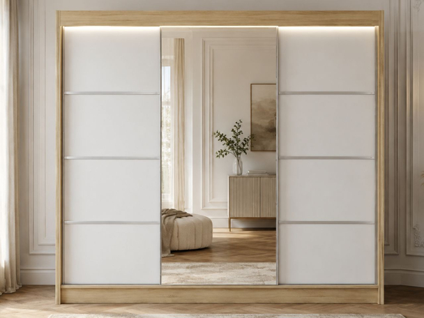 Schiebetürenschrank mit Spiegel 250 cm mit LED-Beleuchtung Portel Weiß, Eiche Sonoma