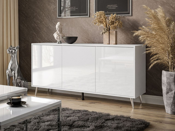 Dreitürige Kommode 154 cm Glamour-Stil auf silberfarbenen Metallbeinen Vivance Weißglanz