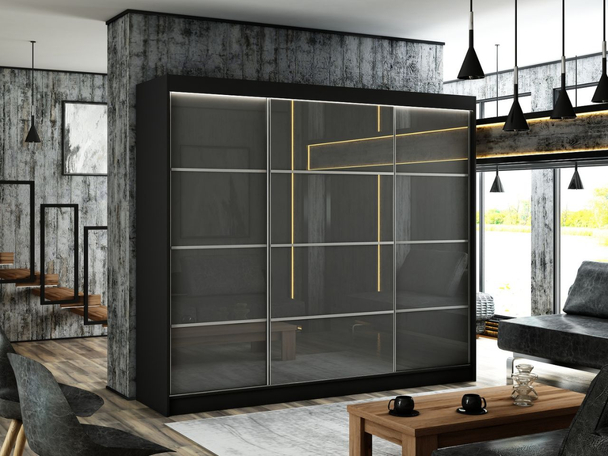 Schiebetürenschrank mit Sprossen 250 cm mit LED-Beleuchtung Ponti Schwarz, Grau