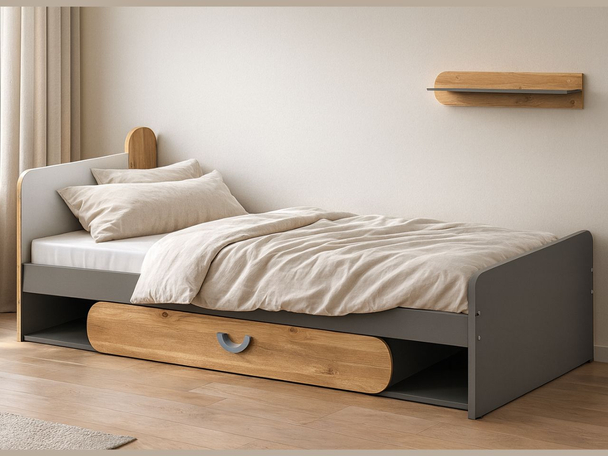 Einzelbett mit Schublade für ein Jugendzimmer Casa Nash Eiche, Weiß, Grau