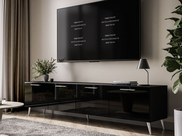 TV-Lowboard mit Türen auf Silbernen Metallbeinen 200 cm Noaé Schwarz Hochglanz