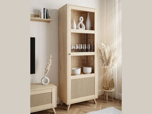 Standvitrine schmale verglasteim Boho-Stil Bellance, Eiche Puccini