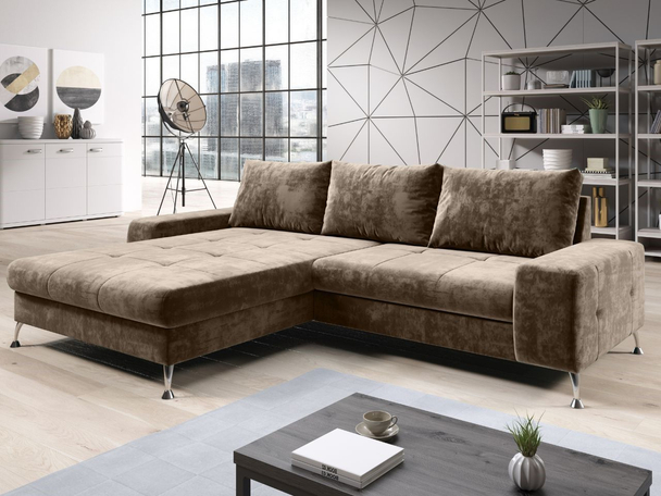 Ecksofa L-Form Links mit Schlaffunktion und Bettkasten Tonny Hellbraun
