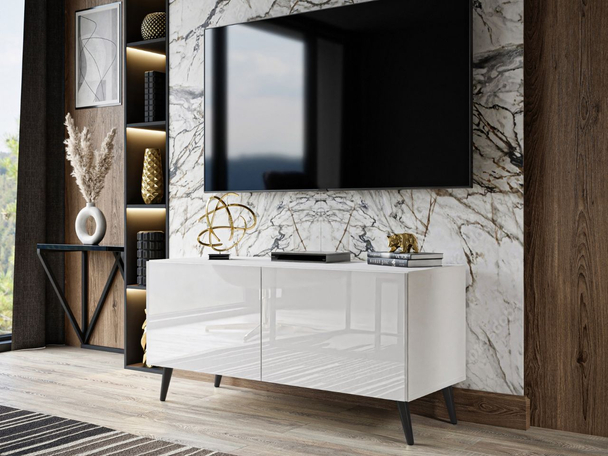 TV-Lowboard mit Türen und LED-Beleuchtung auf Schwarzen Metallbeinen 100 cm Noaé Weiß Hochglanz