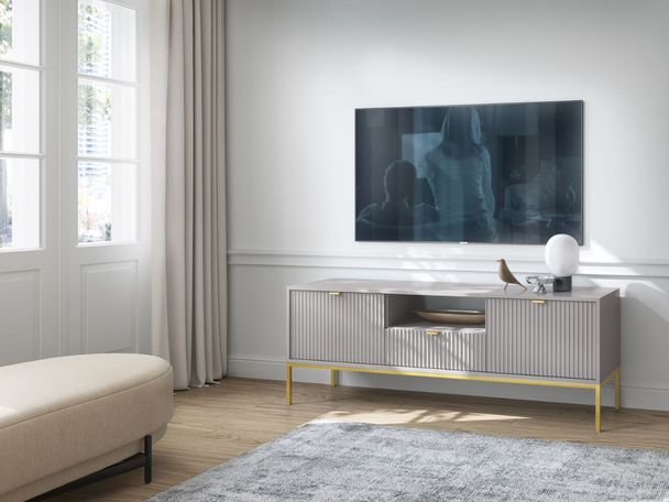 TV-Lowboard mit Schublade und Türen Amber Grau auf goldenen Beinen
